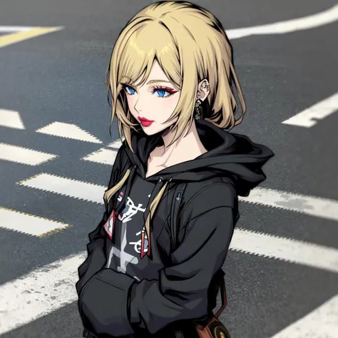 masterpiece, woman with blond middle part hair and blue eyes, eyeliner, lipstick, wearing black hoodie, in shibuya, in the crosswalk, thick lineart