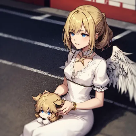 masterpiece, woman with blond middle part hair and blue eyes, angel, six winged