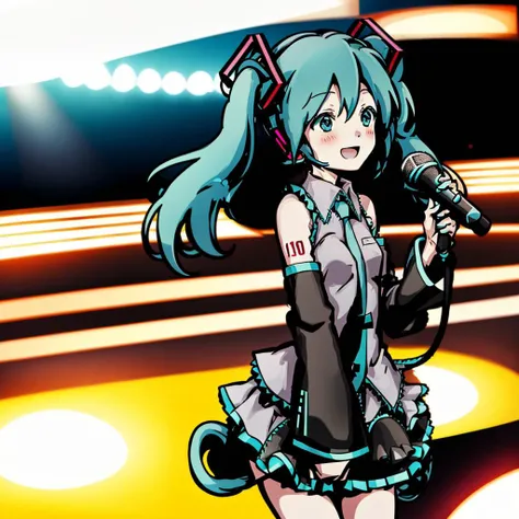 (thick artline) ,18yo teen, masterpiece, (Hatsune Miku:1.2), happy, at concert, microphone, (wearing black wings), (upper), (small breast:1.1), cleavage, adorable, blush, solo