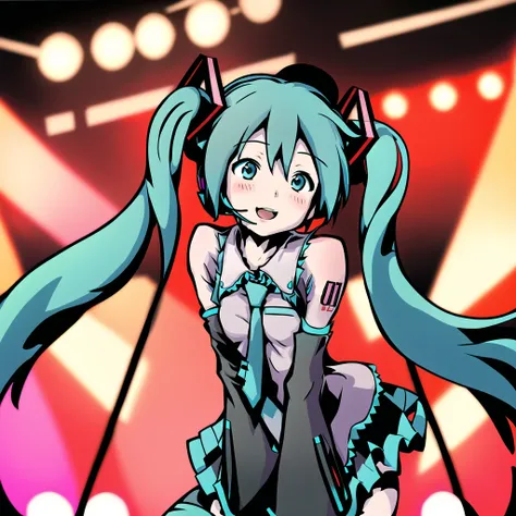 masterpiece, best quality, highly detailed, (Hatsune Miku:1.2), happy, at concert, microphone, (upper), (small breast:1.1), cleavage, adorable, blush, solo, (thick artline)