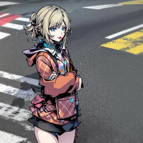 masterpiece, woman with blond middle part hair and blue eyes, eyeliner, lipstick, wearing black hoodie, in shibuya, in the crosswalk, thick lineart