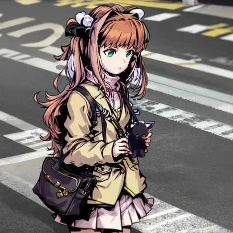 masterpiece, (Monika\(ddlc\):1.2), in shibuya, in the crosswalk, thick lineart