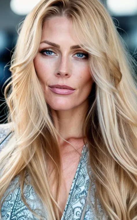 masterpiece, raw photo, super realistic, absurdres, intricate, stunning portrait of beautiful woman debrajofond <lora:Debra-Jo-Fondren:0.85>, very long blonde hair, (freckle:0.7), wear beautiful dress, in a gym