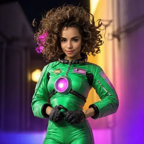 <lora:Jameliz:1>, ((masterpiece)), intricate detail, spacesuit, neon lights, vibrant colors, curly hair, outdoors