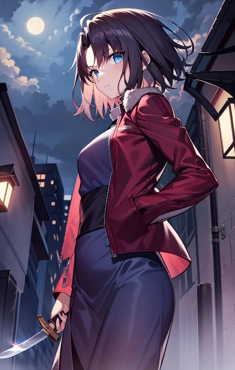 ShikiCasualCloth, SrAssassin, 1girl, solo, building, closed mouth, cloud, cloudy sky, hand in pocket, holding, holding knife, holding weapon, knife, looking at viewer, night, outdoors, sky, standing, weapon
 <lora:ShikiV1:0.8>