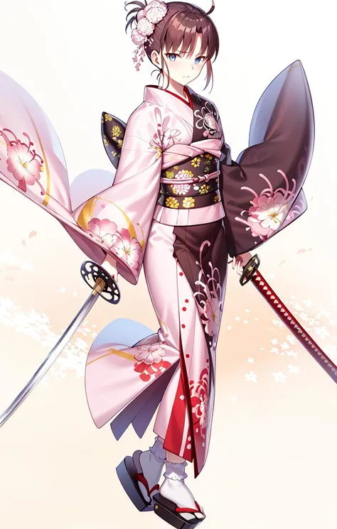 2ndS, AnniversaryCostume, 1girl, solo, cherry blossoms, closed mouth, full body, geta, holding, holding sword, holding weapon, katana, looking at viewer, scabbard, sheath, socks, standing, sword, tabi, unsheathed, weapon,
<lora:ShikiV1:0.8>