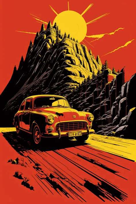 <lora:v5lcn:1> a red car over a mountain background with a sun in the style of v5lcn