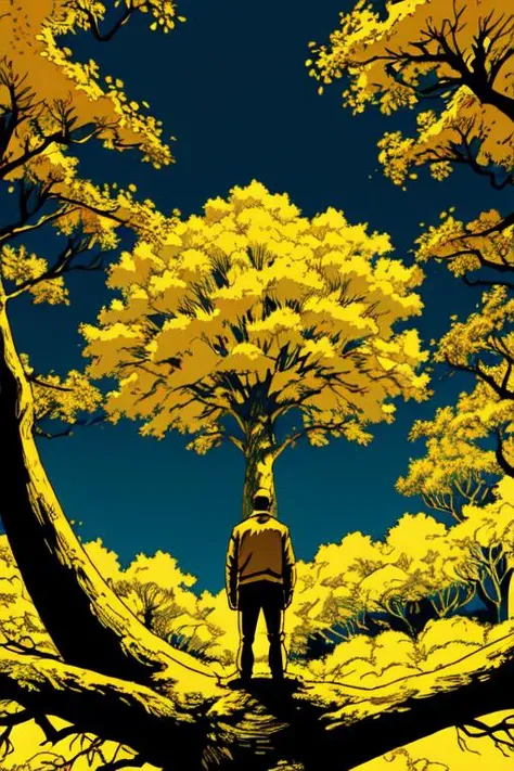 <lora:v5lcn:1> a man standing watching a giant yellow tree in the style of v5lcn