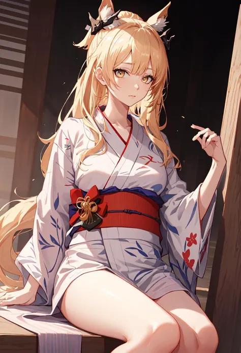 best quality, masterpiece, highres, solo, (blemishine_arknights:1.10), (yukata:1.30), (kimono:1.15), 20 <lora:blemishine_arknights:0.80>