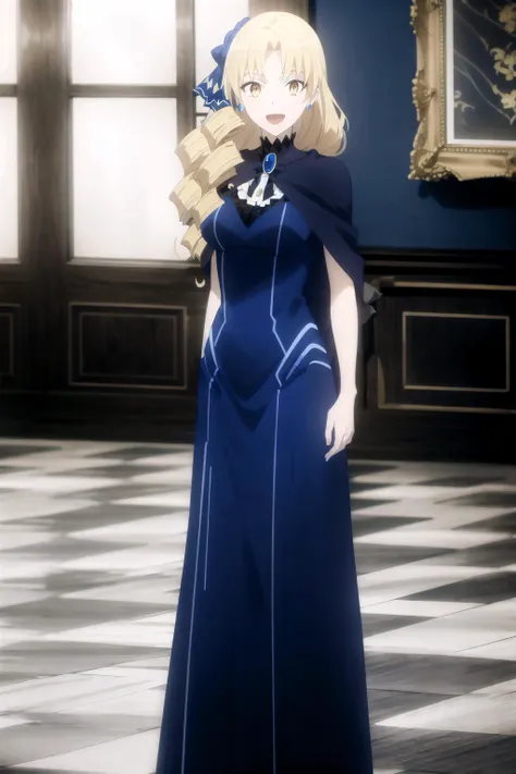 best quality, (masterpiece:1.2), detailed,
<lora:chara_FateLordElMelloi_LuviagelitaEdelfelt_v1:0.8>,
1girl, solo, open mouth, light smile,
drill hair, long hair, long drill, blonde hair, yellow eyes,
blue dress, jewelery, hair ribbon, blue ribbon, capelet, high heels,
standing, looking at the viewer,
indoors, checkered floor