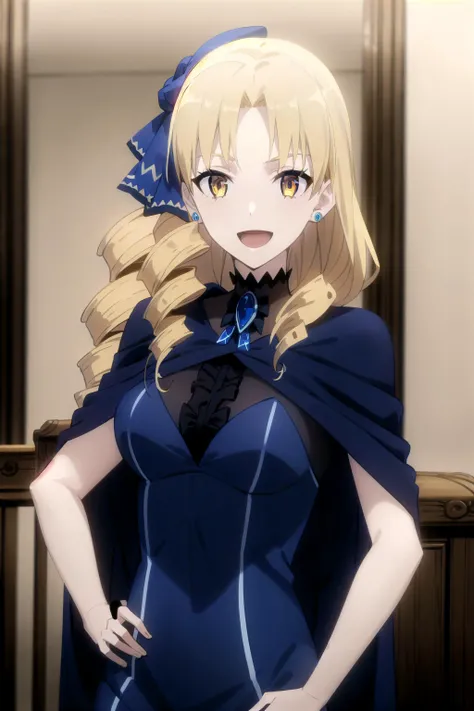 best quality, (masterpiece:1.2), detailed,
<lora:chara_FateLordElMelloi_LuviagelitaEdelfelt_v1:0.8>,
1girl, solo, open mouth, light smile,
drill hair, long hair, blonde hair, yellow eyes,
blue dress, jewelery, hair ribbon, blue ribbon, capelet,
standing, hand on hip, looking at the viewer, upper body,
indoors