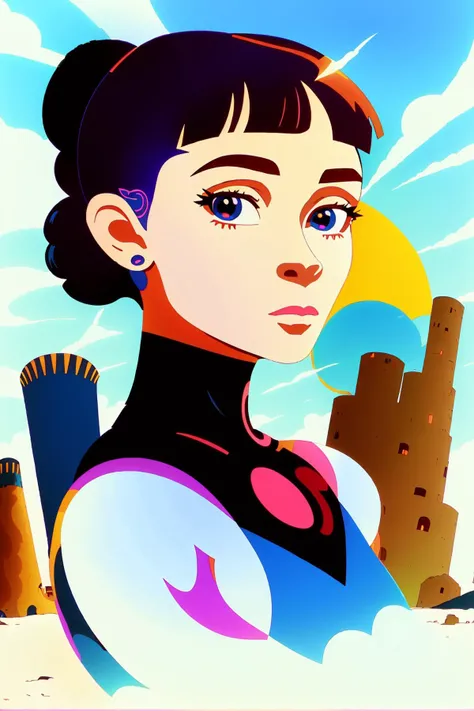 A cartoon of Audrey Hepburn in a sunny landscape, art by [(WAS-LiliBellons):1.25]