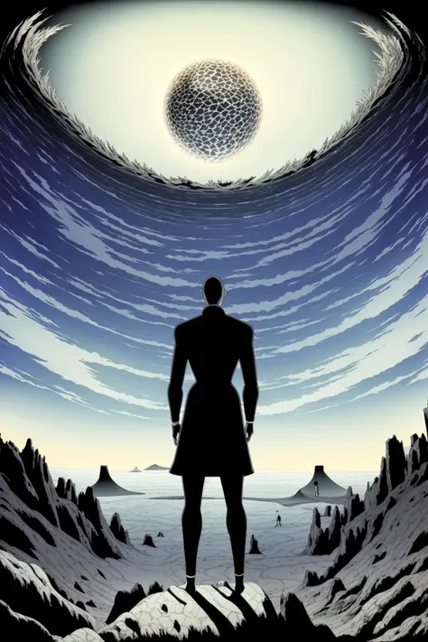 A strange man stands on a cliff overlooking a strange world, art by WAS-LiliBellons
