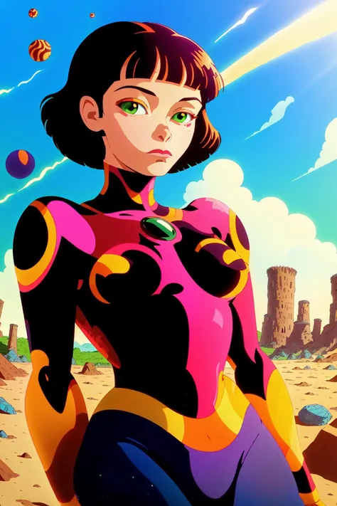 A cartoon of Olga Kurylenko in a sunny landscape, art by [(WAS-LiliBellons):1.25]