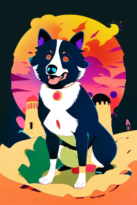 A cartoon of a ((vibrantly colored) weird Border Collie), art by [(WAS-LiliBellons):1.5]