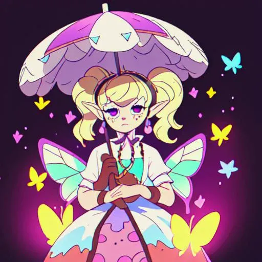 vivid_setting,  <lora:Agitha_Zelda:0.8>, agitha_zelda, 1girl, purple eyes, face glitter, blonde hair, twintails, parasol, butterflies, prismatic,  <lora:Vivid_Setting_Combined:0.7>, fairy wings