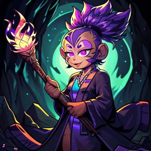 chiaroscuro, vivid_setting, <lora:Vivid_Setting_Combined:0.7>, monkey girl, magic circles, windy, <lora:EziliLORA:0.65>, solo, short hair, animal ears, purple eyes, monkey tail, purple hair, facial mark, furry, forehead mark, furry female, topknot, two-tone fur, glowing shapes, crystal cavern, robe, playstation buttons, ":<", wand, noseless, sparks, staff, pelvic curtain, bead necklace, psychadelic background, glowing symbols