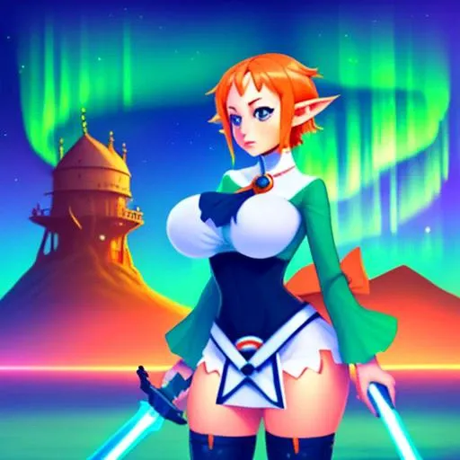 castles, towers, search lights, painting, vivid_setting,  <lora:MagicKnight-10v3:0.8>,  fantasy, magic, northern lights, magic knight, mkattire, blue eyes, large breasts, thighs, thighhighs, short orange hair, pointy ears, glowing sword, holding sword, lightsaber, <lora:Vivid_Setting_Combined:0.8>,  <lora:zoom_slider:-5>, pelvic curtain, white shirt, green sleeves, ascot, brooch, back ribbon