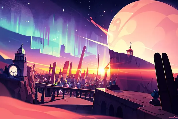 award winning photo, ((masterpiece,best quality)), absurdres, <lora:Vivid_Setting:0.8>, Vivid_Setting, no humans, scenery, cinematic composition, aurora, bamboo, city_lights, clock, clock_tower, cloud, constellation, crescent_moon, desert, earth_\(planet\),