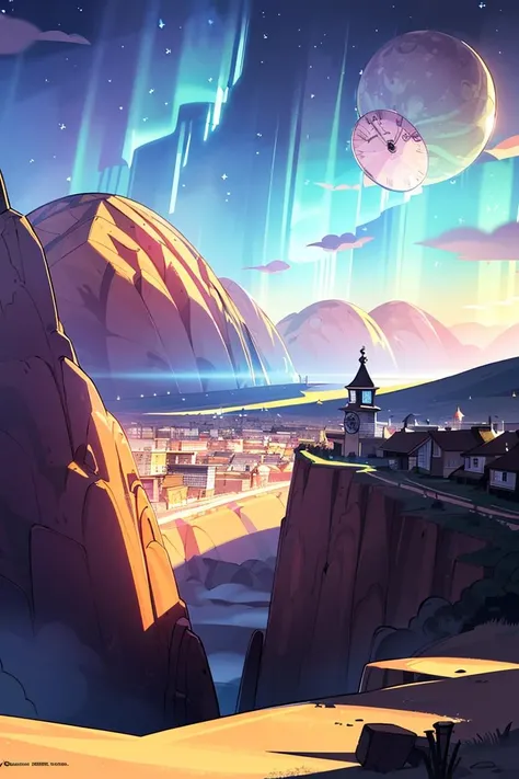 award winning photo, ((masterpiece,best quality)), absurdres, <lora:Vivid_Setting:0.8>, Vivid_Setting, no humans, scenery, cinematic composition, aurora, bamboo, city_lights, clock, clock_tower, cloud, constellation, crescent_moon, desert, earth_\(planet\),