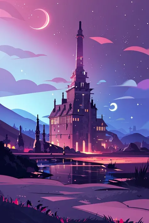 award winning photo, ((masterpiece,best quality)), absurdres, <lora:Vivid_Setting:0.8>, Vivid_Setting, no humans, scenery, cinematic composition, cloud, crescent_moon, moonlight, mountain, night, night_sky, planet, purple_sky, red_moon, red_sky, reflection, sky, tower, tree,