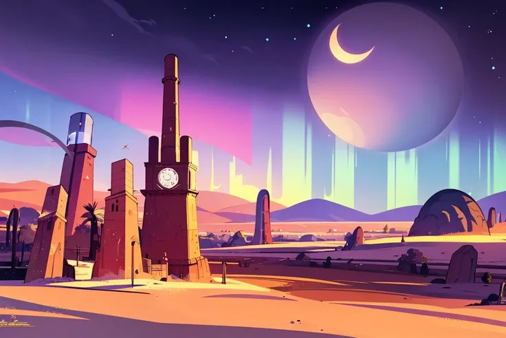 award winning photo, ((masterpiece,best quality)), absurdres, <lora:Vivid_Setting:0.8>, Vivid_Setting, no humans, scenery, cinematic composition, aurora, bamboo, city_lights, clock, clock_tower, cloud, constellation, crescent_moon, desert, earth_\(planet\),