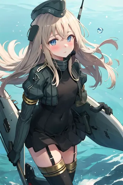 best quality, masterpiece, highres, solo, {u_511_kantaicollection:1.15}, long_hair, blue_eyes, blonde_hair, hat, garrison_cap, blush, military
