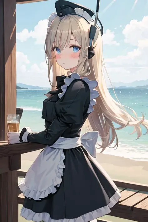 best quality, masterpiece, highres, solo, {maid:1.40}, {long maid dress:1.15}, {u_511_kantaicollection:1.15}, long_hair, blue_eyes, blonde_hair, hat, garrison_cap, blush, military