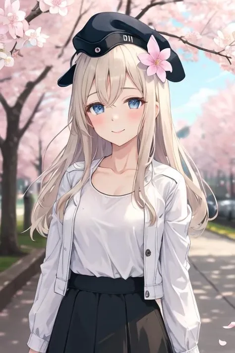best quality, masterpiece, highres, solo, {u_511_kantaicollection:1.15}, long_hair, blue_eyes, blonde_hair, hat, garrison_cap, blush, military, 1girl, alternate_costume, beret, black_headwear, casual, cherry_blossoms, collarbone, flower, hair_between_eyes, hair_flower, hair_ornament, long_sleeves, looking_at_viewer, shirt, smile, white_shirt, jacket, blurry, black_skirt, skirt, tree, upper_body