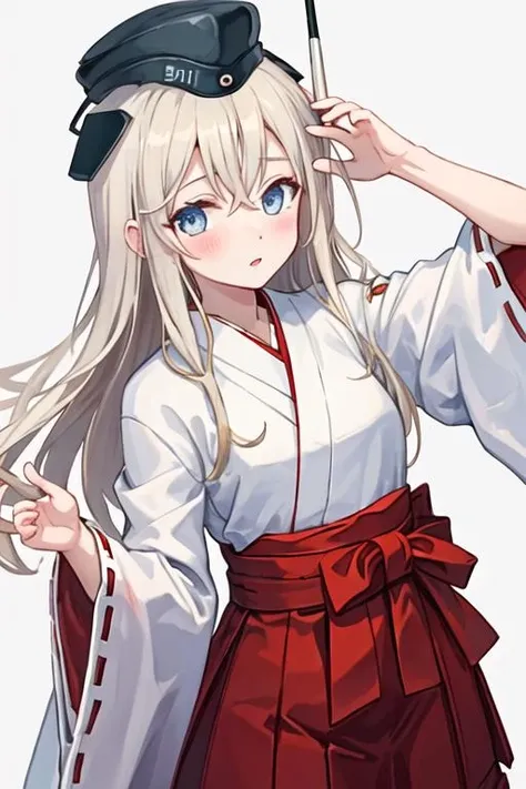 best quality, masterpiece, highres, solo, {white kimono:1.35}, {red hakama:1.35}, {wide sleeves:1.20}, {u_511_kantaicollection:1.15}, long_hair, blue_eyes, blonde_hair, hat, garrison_cap, blush, military