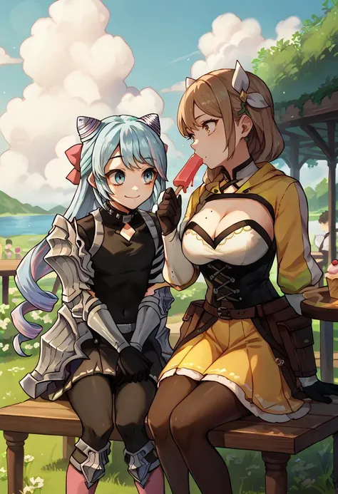 score_9, score_8_up, score_7_up, source_anime, a man and woman sitting together eating ice cream, outdoors, table, sky, cloud BREAK
1boy, sitting, smile, holding ice cream cone, <lora:EPfeRosadoPony:1> EPfeRosado, otoko no ko, blue hair, multicolored hair, blue eyes, very long hair, pink hair, twin drills, drill hair, cone hair bun, hair bow, covered navel, black gloves, black bodysuit, skirt, armor, choker, pink legwear BREAK
1girl, sitting, eating popsicle, <lora:GoldmaryFE-pdxl:1> defGoldmary, braid, hair ribbon, black corset, cleavage, large breasts, mole on breast, gloves, yellow skirt, pantyhose