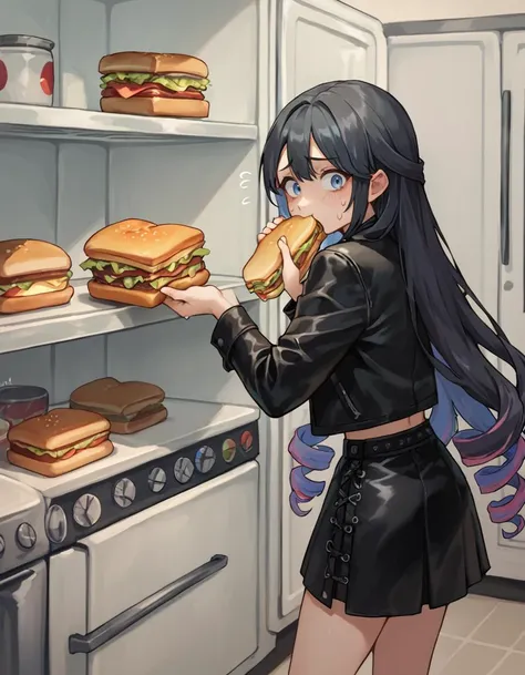 score_9, score_8_up, score_7_up,  <lora:EPfeRosadoPony:0.7> epferosado, pale skin, very long hair, looking at viewer, two-tone hair, multicolored hair,  drill hair, black hair, black leather jacket, leather skirt, in kitchen, open refrigerator,  holding sandwich, eating, surprised, nervous, nervous sweating,