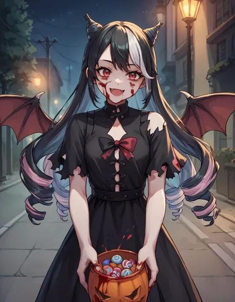 score_9, score_8_up, score_7_up, <lora:EPfeRosadoPony:0.7> epferosado, pale skin, very long hair, looking at viewer, two-tone hair, multicolored hair, drill hair, black hair with red assents, red eyes, torn elegant long black dress, blood splatter, blood, holding halloween bucket filled with candy, in street, night, moonlight, smiling, blood on clothes, blood on face, fang, pov, bat wings,