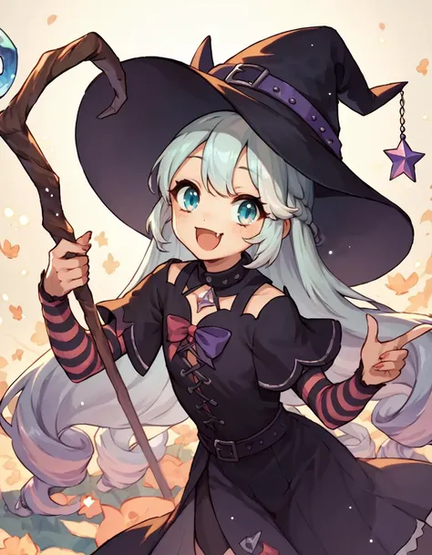 score_9, score_8_up, score_7_up,  <lora:EPfeRosadoPony:1> epferosado, holding staff, smiling, fang, cute, witch outfit,