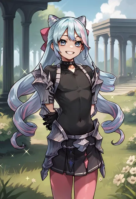 score_9, score_8_up, score_7_up, source_anime, 1boy, arms behind back, looking at you, grin, sparkle, BREAK <lora:EPfeRosadoPony:1> EPfeRosado, otoko no ko, blue hair, multicolored hair, blue eyes, very long hair, pink hair, twin drills, drill hair, cone hair bun, hair bow, shoulder armor, covered navel, gloves, black gloves, black bodysuit, skirt, armor, gauntlets, choker, pink legwear, outdoors