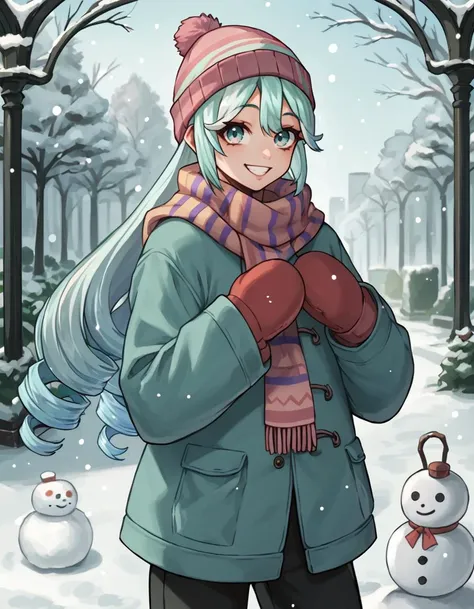 score_9, score_8_up, score_7_up,  <lora:EPfeRosadoPony:1> epferosado, very long hair, looking at viewer, two-tone hair, drill hair, cyan hair with pink assents, baggy pants, oversized jacket, scarf, beanie, in park, snowing, winter, mittens, making a snowman, smiling,  standing behind snowman,