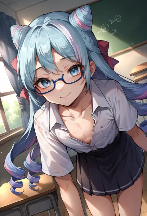 score_9, score_8_up,score_7_up, source_anime, 1boy, solo, otoko no ko, <lora:EPfeRosadoPony_epoch_6:0.9>, EPfeRosado, blue hair, multicolored hair,blue eyes, very long hair, pink hair, twin drills, drill hair, hair bun, cone hair bun, crossdressing, 
 teacher bent over towards viewer, collared shirt, white shirt, skirt, black dress, flat chest, seductive smile, dutch angle, partially unbuttoned, collarbone, school classroom, glasses, dimly lit, moody lighting,