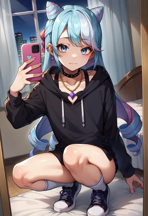 score_9, score_8_up,score_7_up, source_anime, 1boy, solo, otoko no ko, <lora:EPfeRosadoPony_epoch_6:0.75>, EPfeRosado, blue hair, multicolored hair,blue eyes, very long hair, pink hair, twin drills, drill hair, hair bun, cone hair bun, crossdressing,
necklace, ear piercing, black hoodie, white socks, kneehighs, sneakers, black sneakers, squatting, selfie, taking picture, mirror selfie, bedroom, bed, mirror, at a dark room, at night , city view from the window , gyaru,