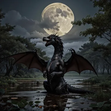 huge black dragon eating in a steamy forested swamp at night, full moon, fog ,clouds