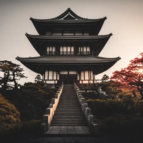 Japanese art, raw photo of a japanese castle, masterpiece, 8k, sunrise, barely lit, haze lighting, outside