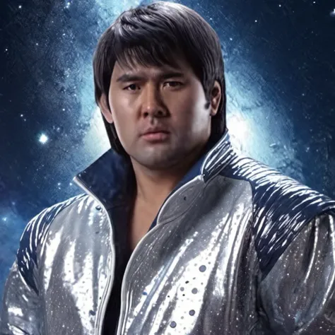 Space-themed, <lora:Mutoh:1.1> a man with short hair, shiny silver jacket, Cosmic, celestial, stars, galaxies, nebulas, planets, science fiction, highly detailed