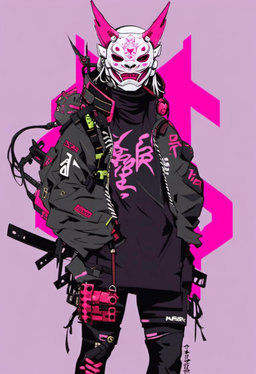 anime, a woman with a pink oni mask , Hannya mask , full body , off white style of clothing , hypebeast , cyberpunk, cyber city in the background , cyberpunk art, retrofuturism, armor, nier automata concept artsyle, japanese streetwear, inspired by Greg Staples, artwork in the style of guweiz, streetwear fashion, neon pink and black color scheme, white jacket, artdoll, bullpup, techwear clothes, offwhite type clothing, hypebeast, Cybperunk Style