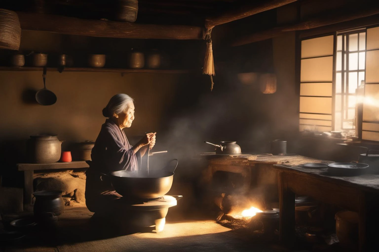 8k ,masterpiece,illustrate art,hyper sharpness,high detailed,cgi, natural light, light beam, lens flare,
High resolution and Japanese art, In the 40's, an old Japanese woman Cooking on a charcoal stove inside her small house. Her house was old and dilapidated. Even though poor, still warm, <lora:add_detail:1>, <lora:JW:0.7>