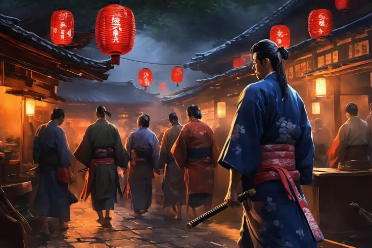 8k ,masterpiece,illustrate art,hyper sharpness,high detailed,cgi,(8k uhd, masterpiece, best quality, high quality, ultra-detailed, detailed background),
1 man solo, samurai in yukata uniform, in edo era, at night, Samurai strolling through the annual rutting festival. which is full of people and many shops, relax, <lora:add_detail:1>,