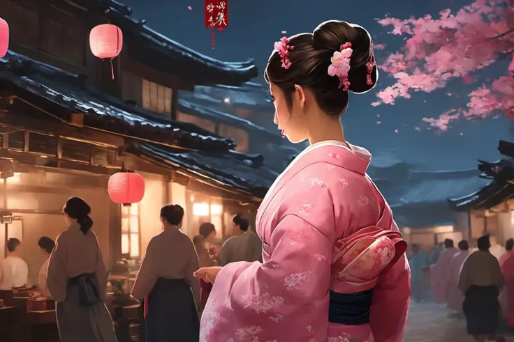 8k ,masterpiece,illustrate art,hyper sharpness,high detailed,cgi,(8k uhd, masterpiece, best quality, high quality, ultra-detailed, detailed background),
1girl in pink yukata uniform, in edo era, at night, strolling through the annual rutting festival. which is full of people and many shops, relax, <lora:add_detail:1>,
