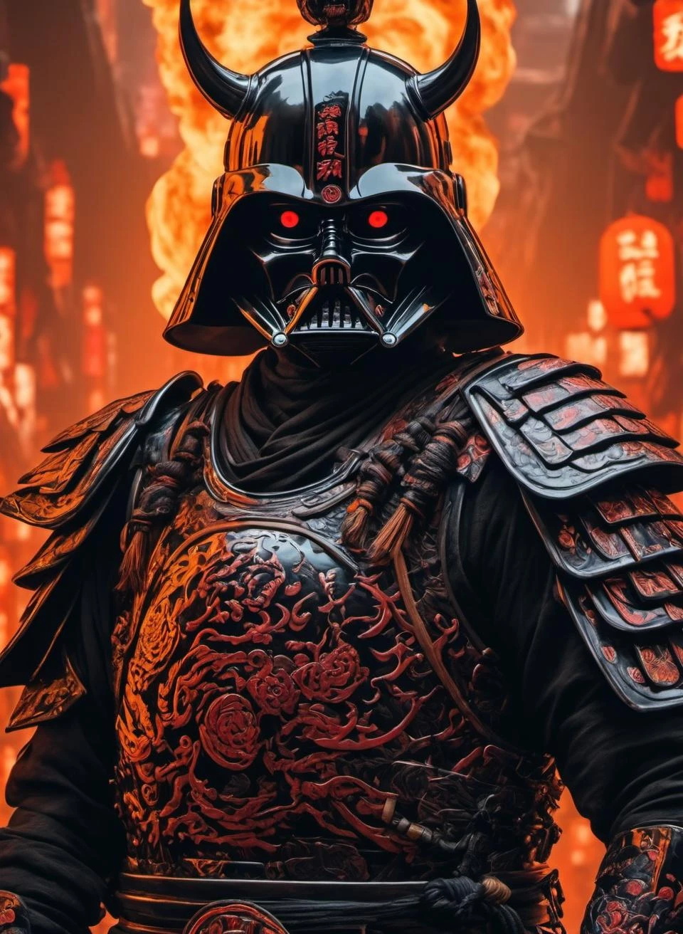 (8k uhd, masterpiece, best quality, high quality, absurdres, ultra-detailed, detailed background), (full body:1.4), (a Japanese Darth Vader samurai with great sword, walking across a bunch of Japanese stormtroopers samurai), (beautiful, aesthetic, perfect, delicate, intricate:1.2), (color scheme: black), (size and shape of great sword: Daishō, massive and double-edged), (type of armor: oni style helmet, black eyes, bone and leather), (environment: ancient Japan street, outside, cyberpunk, Cyberpunk, ), perspective: slightly low angle to emphasize the warrior's power, lighting: dramatic, with a spotlight illuminating the warrior's face and sword, (depth of field: shallow, with the warrior in sharp focus and the fiery background slightly blurred), cyborg style, Movie Still, cyborg, steampunk style, <lora:JuggerCineXL2:0.800000>, , <lora:oni_style_xl:0.500000>, , <lora:Cyberpunk Fantasy XL:0.400000>