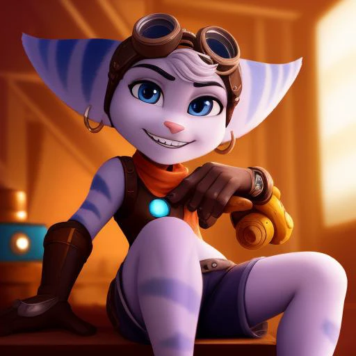 sitting, naughty, grin, t-shirt, shorts,
<lora:Rivet_V1:0.5>, rivet_\(ratchet_and_clank\), earrings, goggles on head, bangs, mechanical arms, (purple body),, (high quality:1.2), masterpiece, detailed, highres, 4k, sharp focus