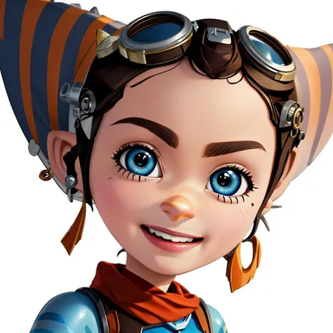 (by qupostuv35:1.2), female, (Detailed face), (solo:1.1), [(thin:1.1) : small petite : (rivet (ratchet and clank):1.2):4], earrings, goggles on head, bangs, mechanical arms, smile, <lora:Rivet_V1:0.7>
