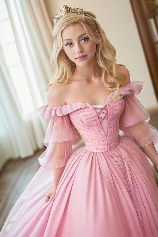 15 year old girl blonde blue eyes in pink princess dress she is sitting in a princess chair the princess dress spread around the chair she is looking at the viewer