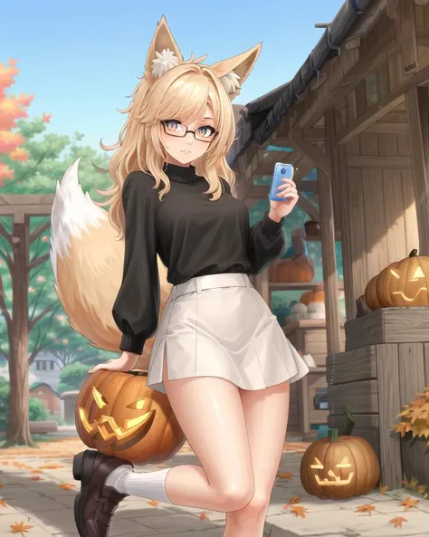 ((best quality)), ((highly detailed)), masterpiece, (detailed eyes, deep eyes), (1girl), (glasses), full body, <lora:hairdetailer:.9>, fox girl, fox ears, fox tail, brown eyes, <lora:slit-pupils:1>, snake eyes, (Seasalt white) hair, (at a pumpkin patch, autumn_leaves), <lora:WesternArtStyle:1>